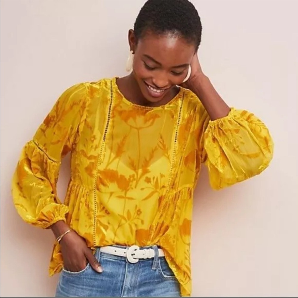 Anthropologie Meadow Rue Blouse Sz 12 Yellow Burnout Velvet Boho Balloon Sleeve
